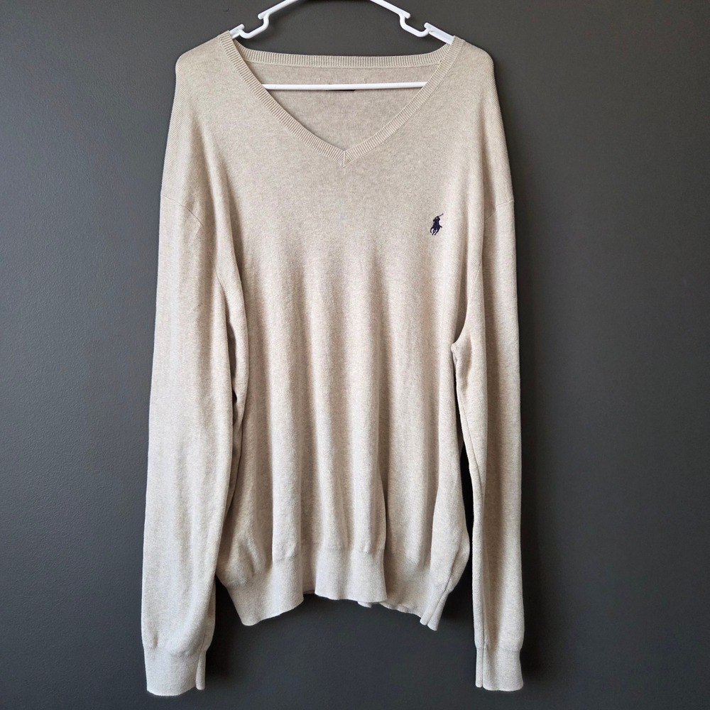 Polo Ralph Lauren Mens Tan Pima Cotton V Neck Long Sleeve Sweater XL READ Desc.